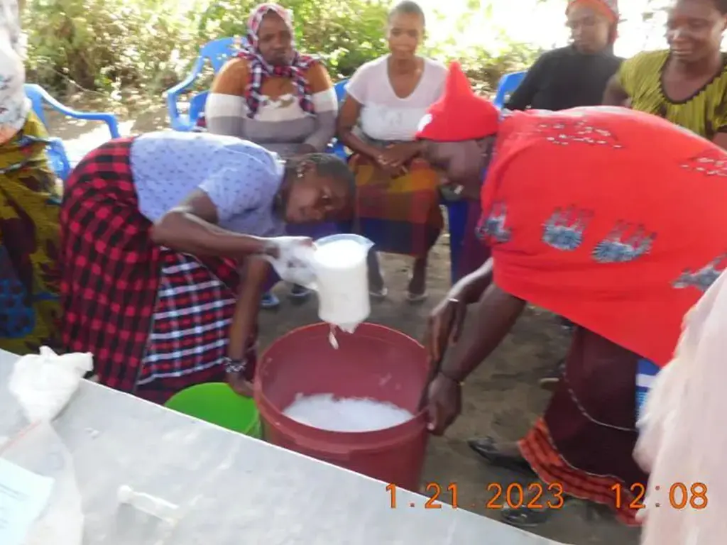 Woman pouring milk into a bucket.