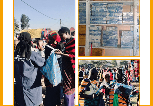 People receiving aid in a village.